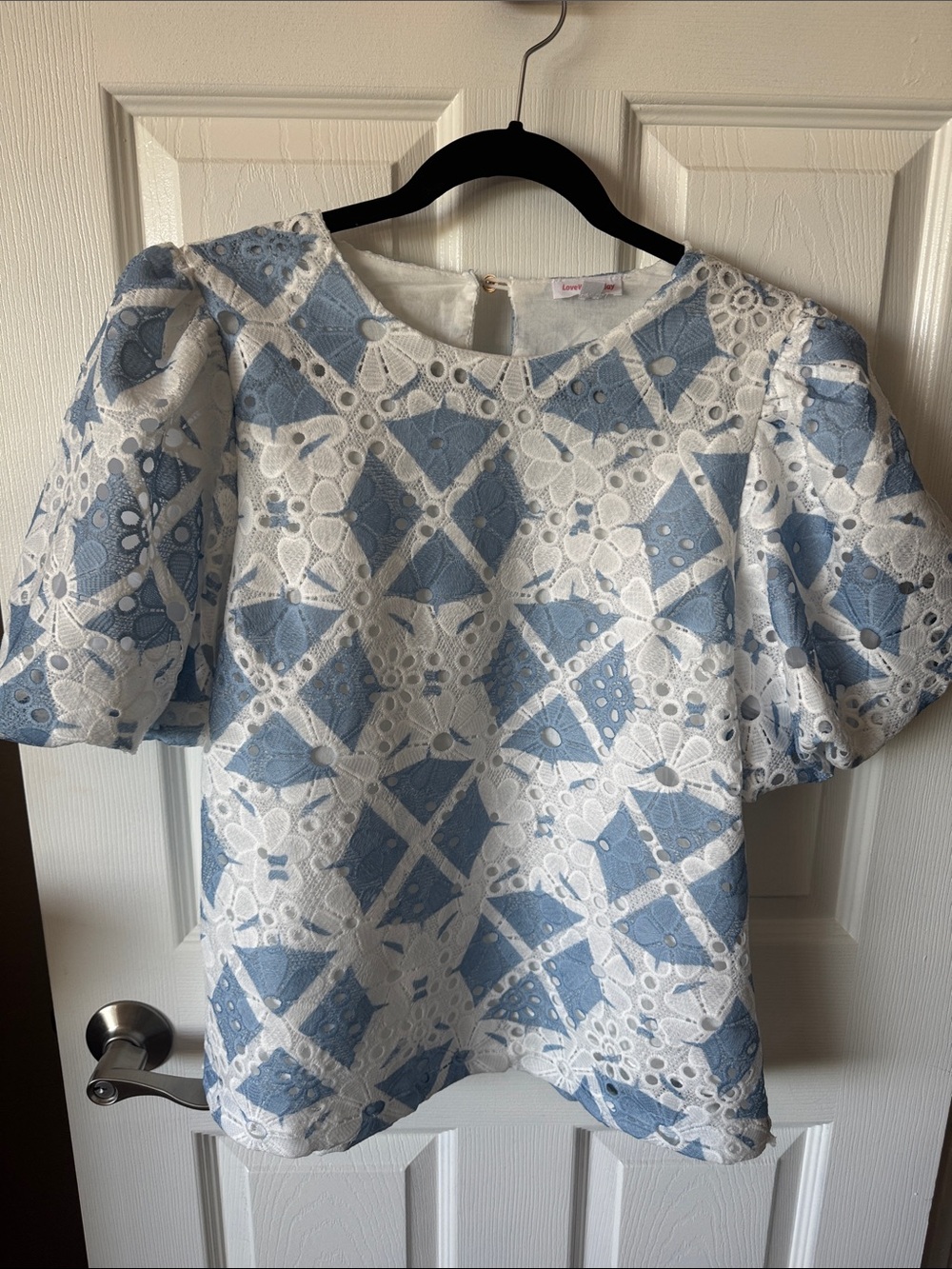 Blue and White Lace Puff Sleeve Blouse by Love Wednesday